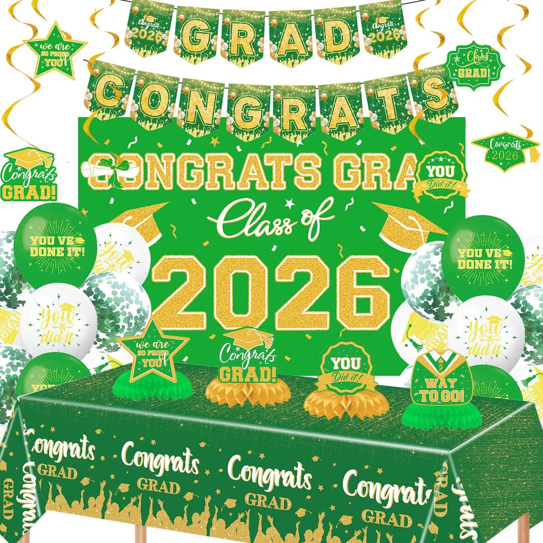2 x Staplefor Graduation Decorations 2026 Green and Gold Party Decor Set include Congrats Grad Banner Graduation Backdrop Class of 2026 Balloons Party Supplies for High School & College Celebrations