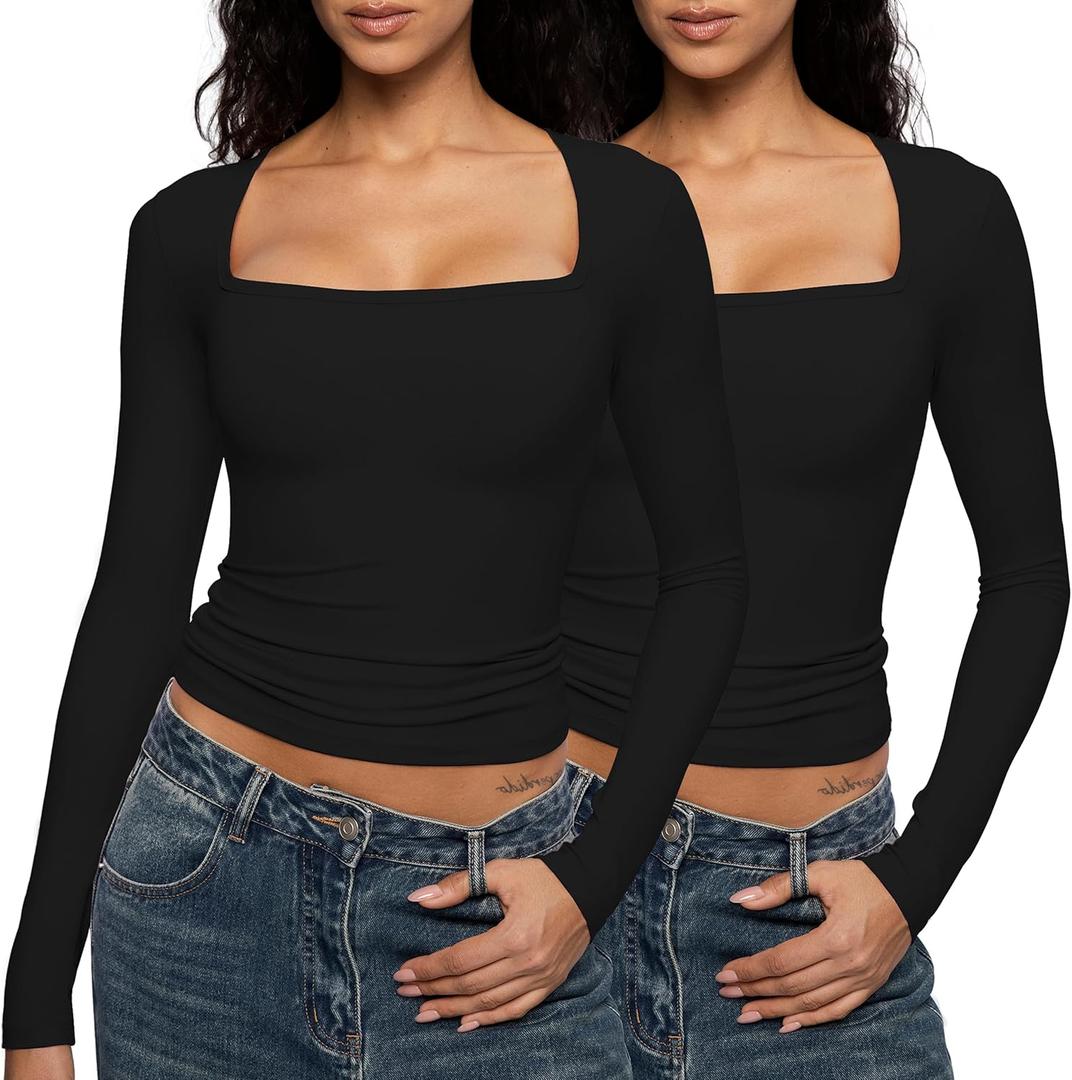 Enerful Women's Square Neck Long Sleeve T Shirts Sexy Slim Fit Crop Tops Basic Tees (Large, 2pack Black*2)