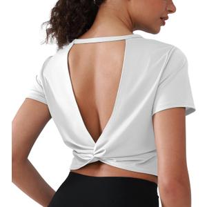 Open Back Workout Tops for Women Crop Yoga Shirts Lightweight Twist Back Athletic Running Gym Tops (White)