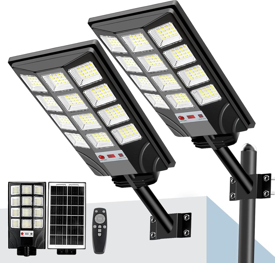 Solar Street Lights Outdoor Waterproof, 20000LM 6500K LED Motion Sensor Lights, Dusk to Dawn Solar Flood Lights with Remote, Solar-Powered Parking Lot Light, Commercial Area Lighting for Outside 2Pack