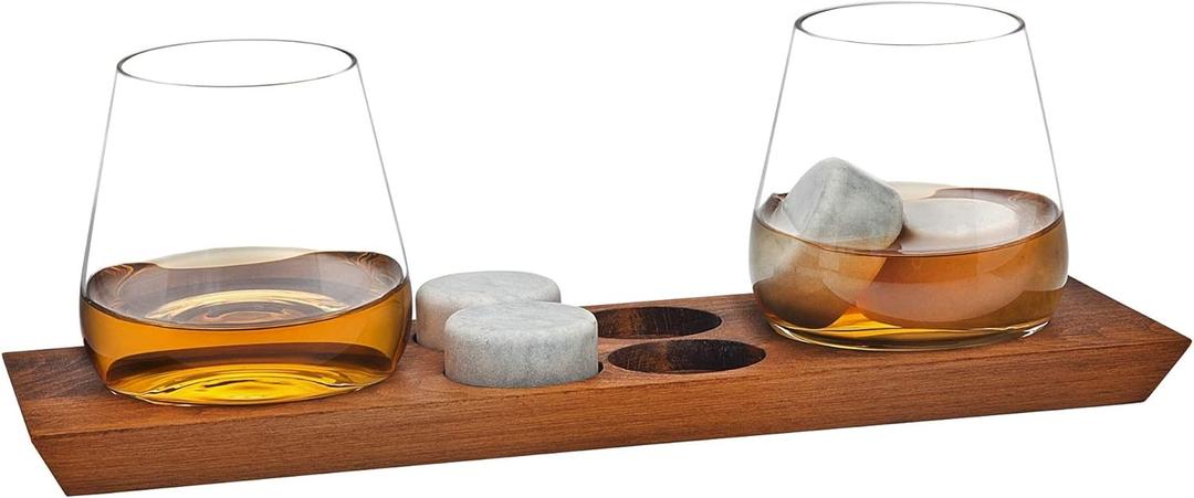Godinger Whiskey Glasses, Drinking Glasses, Bar Glasses, Wine Glasses, Stemless Glasses, and Chilling Rocks Whiskey Stones Bar Set on Wooden Display Tray