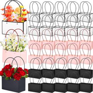 Geelin 30 Pack Flower Paper Gift Bag - Bouquet Portable Rectangle Flower Handbag Waterproof Box with Handles for Arrangements - Wedding Gift Florist Bag for Valentines (Red, Orange, Blue)
