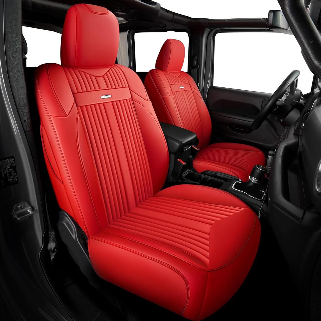FREESOO Custom Front Seat Covers for Jeep Wrangler 4 Door JL, Sahara Sport Rubicon Unlimited Willys 4XE 2026 2025 2024 2023 2022 2021 2020 2019 2018 Driver Passenger Only Red
