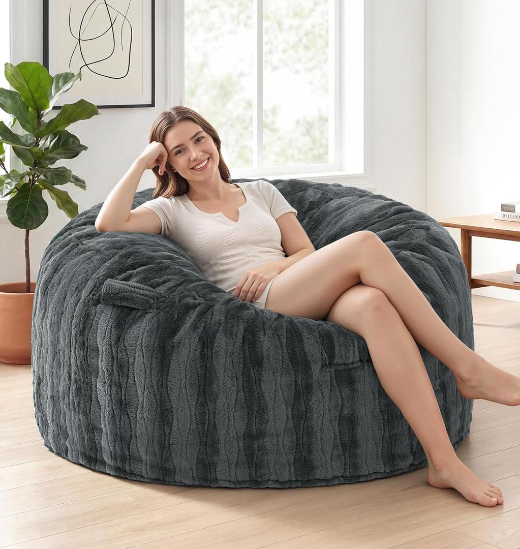fond + found Adult Bean Bag Chairs 4FT Large Lounger, Wave Cover, Grey | Portable Handle, Removable and Washable Cover, Memory Foam Filled, Relaxing, Reading, Medium, Soft Wave Pattern Plush Fabric