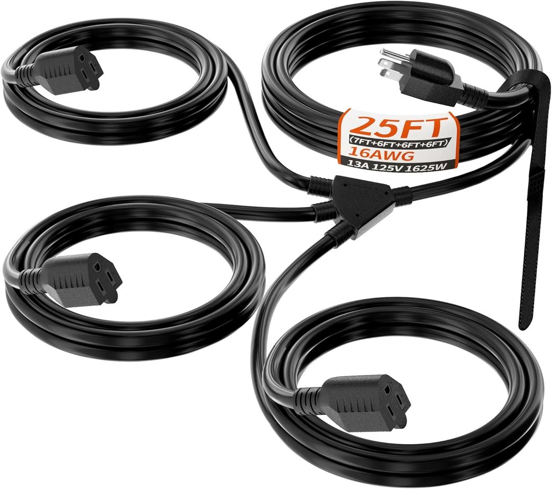 1 to 3 Splitter Outdoor Extension Cord with Multiple Outlets; 25FT Total(7+6+6+6) 13FT End to End; 16/3 SJTW Black Extension Cord Outdoor Waterproof for Halloween Christmas; 16AWG 1625W ETL