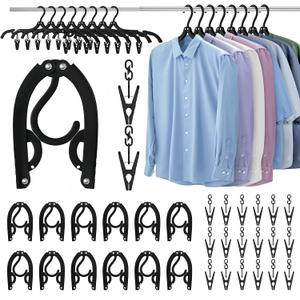 12Pcs Portable Travel Hangers for Cruise Ship Essentials 2026 with 24 Clips, Plastic Folding Foldable Hangers Clothes Drying Rack Travel Accessories for Suitcase, RV, Camping, Road Trip (Black)