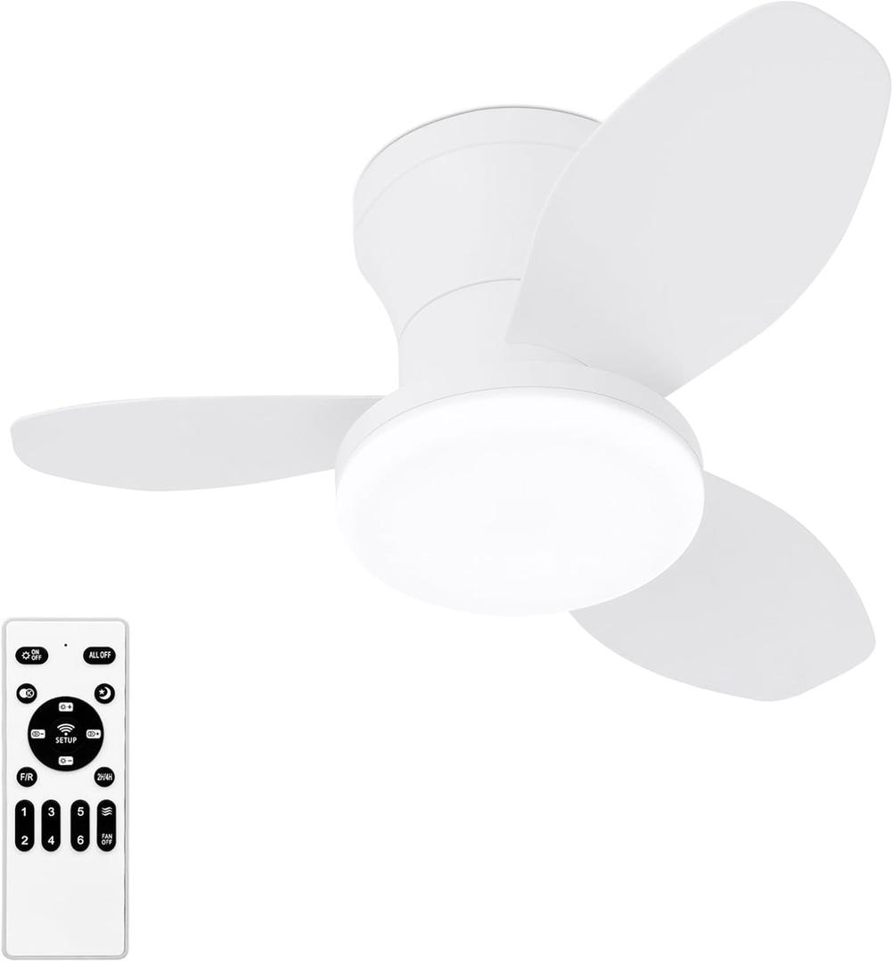 Small Ceiling Fan with Lights, 25 Inch Flush Mount with Remote Control, Reversible Quiet DC Motor, White, 3 Blades, 6 Speeds, Dimmable LED, Adjustable Color Temperature, Timer