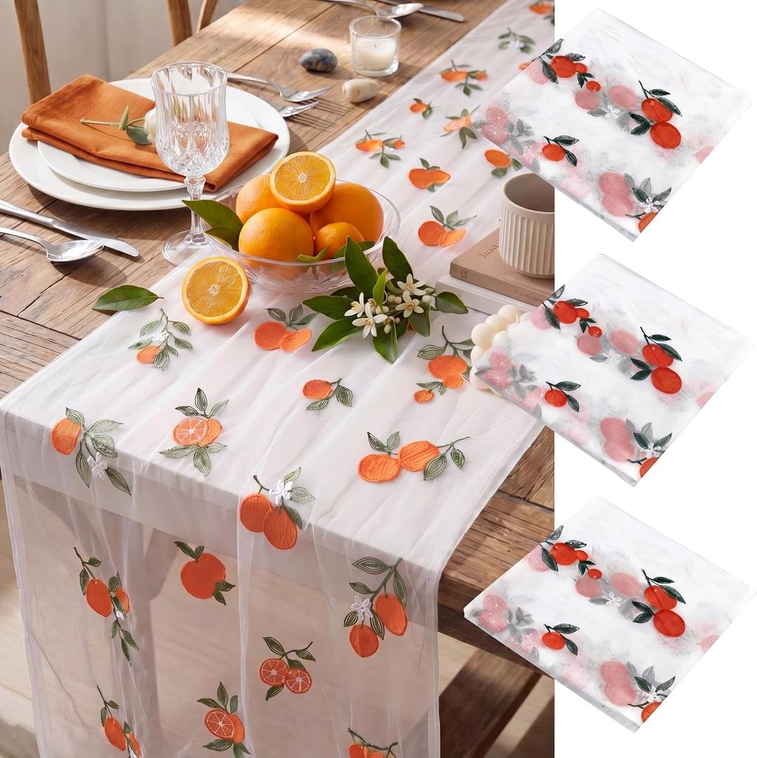 Mindsoft 3 Pcs Orange Cuties Table Runner, 10ft Tablecloth Little Cuties Baby Shower Decorations Gauze Embroidery Tulle Lace Runner Orange Fruit Decor for Table Wedding Birthday Bridal Baby Shower