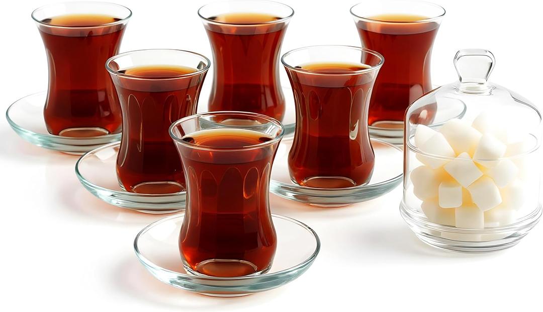 Traditional Turkish Tea Glasses Set Includes; 6 Glasses tea cups (4 oz), 6 Saucers and Sugar Bowl with Glass Cover (8.6 oz), Arabic Persian Tea Cups (13 Pieces)