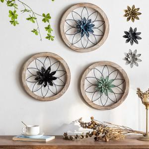 Paquesta 3 Piece Round Farmhouse Wall Decor with 6 Piece Interchangeable Flowers 12'' Medallion Wood & Metal Rustic Wall Art for Living Room Bedroom Kitchen Bathroom Dining Room Home Decorations (black wheel)