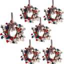 6 Pcs Mini 4th of July Hanging Wreaths for Cabinets Patriotic Red White and Blue Artificial Candle Ring Wreath Pillar Candle Holder Wreath for Farmhouse Independence Day Memorial Day Porch Front Door