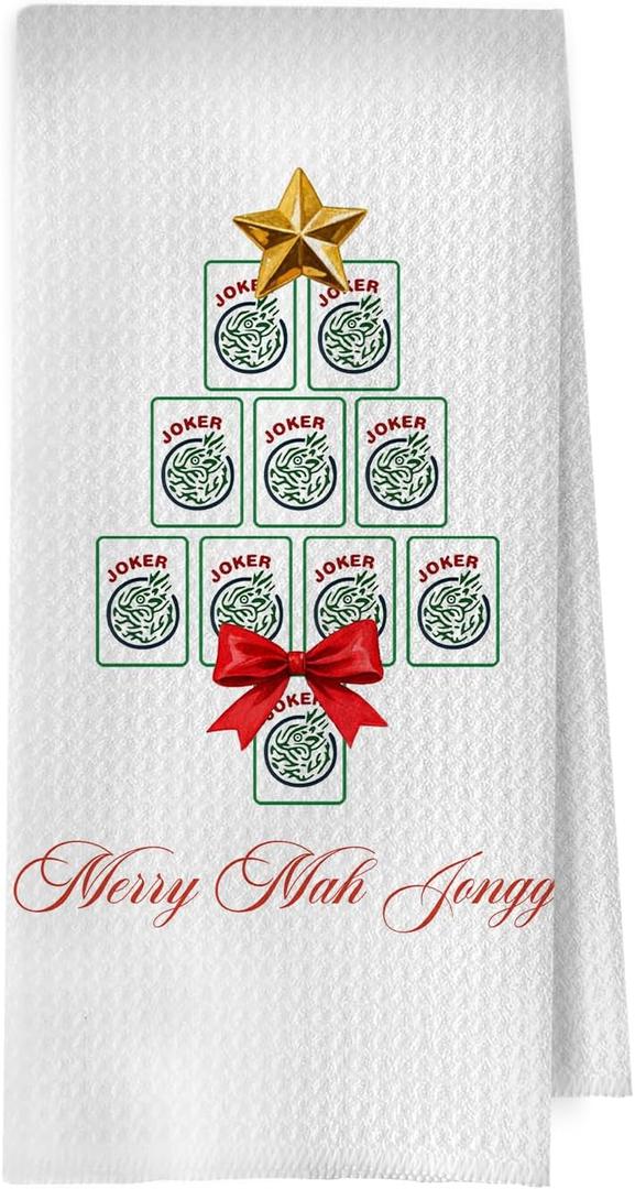 Christmas Mahjong Kitchen Towels - Mahjong Gifts Waffle Decorative Dish Towels, Coquette Mah Jong Hand Tea Towel, 16x24 Inches