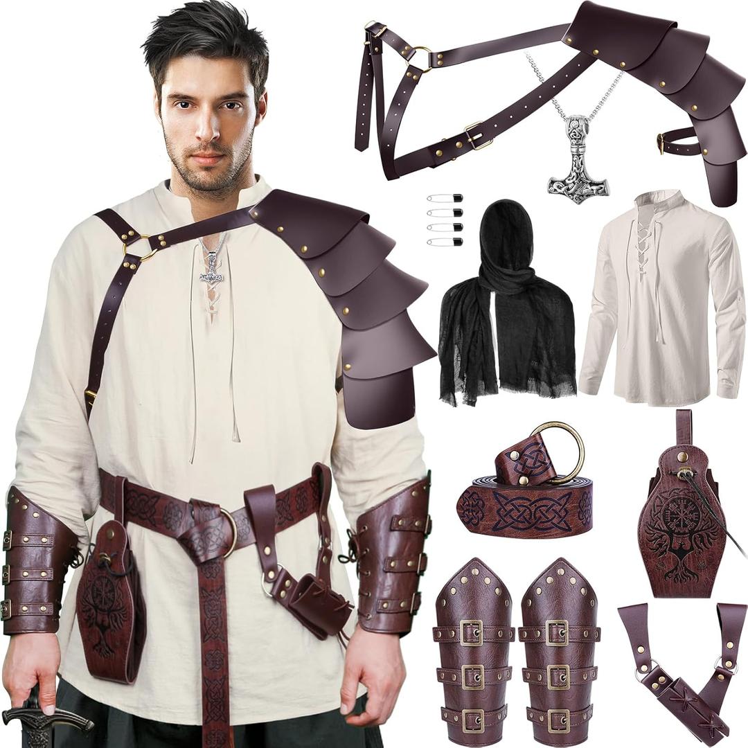Fasouna 9 Pcs Men's Renaissance Viking Costume Medieval Armor Pirate Shirt Accessories Set for Halloween (Brown-classic Color)