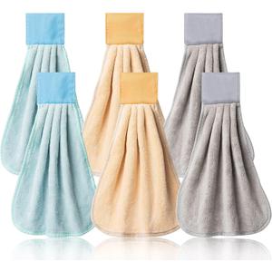 R HORSE 6Pcs Kitchen Hanging Towel with Hanging Loop Blue Beige Gray Hand Dishcloths Set Absorbent Coral Fleece Bathroom Dish Cloth Soft Thick Dry Towel Decorations for Kitchen Bathroom