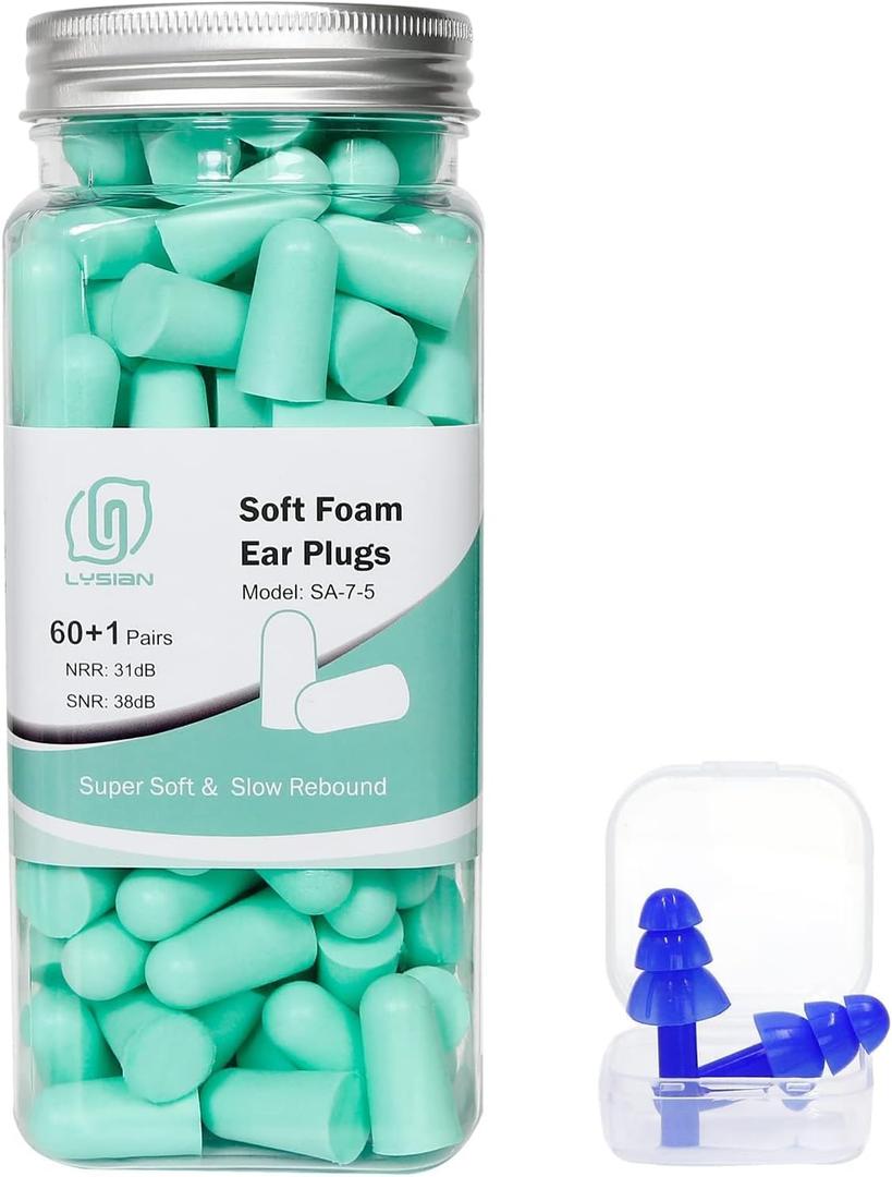 LYSIAN Ultra Soft Foam Earplugs for Sleep - 38dB Noise Cancelling Ear Plugs Perfect for Work, Travel & Shooting. Soundproof & Noise Reduction - 60 Pairs Value Pack (Water Blue)
