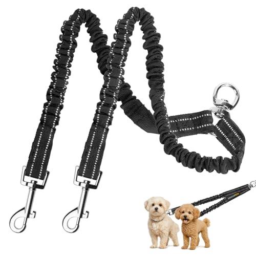 MingXpet 2 Dog Leash, Dog Leash for 2 Dogs, 360° Swivel No Tangle Double Walking Training Leashes for Small Dogs, Comfortable Shock Absorbing Reflective Bungee, Black
