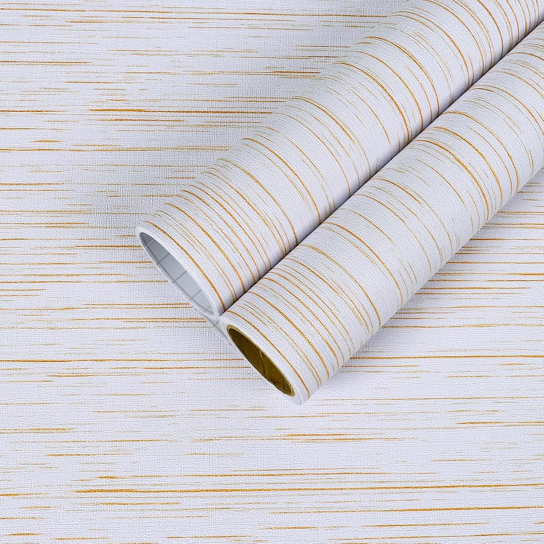 CHIHUT 12"x472" White and Gold Wallpaper Stick and Peel Simple Waterproof Self Adhesive Grasscloth Contact Paper Faux Linen Striped Wallpaper Roll Vinyl Wall Paper for Bedroom Bathroom Wall Covering