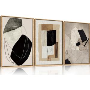 Abstract Modern Geometric Framed Canvas Wall Art Set,Neutral Tone Beige Black Brown Wall Decor,Minimalist Textured Line Shape Artwork for Living Room, Bedroom,Farmhouse-24 x36 x3