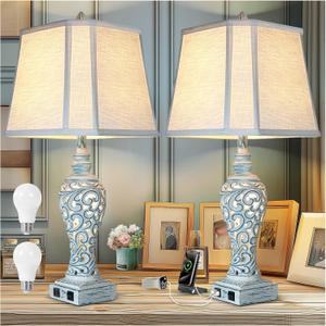 Table Lamp Bedside Lamps Set of 2, 28.5'' Luxsight Farmhouse Table Lamps for Bedroom, Lamps for Nightstands with Night Lights, with USB C+A Ports, Rustic Lamp for Living Room, Bulb Included