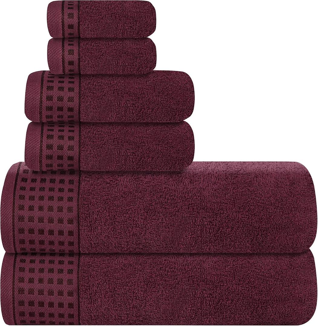 GLAMBURG 100% Cotton Ultra Soft 6 Pack Towel Set, Contains 2 Bath Towels 28x55 Inches, 2 Hand Towels 16x24 Inches & 2 Wash Coths 12x12 Inches, Compact Absorbent Lightweight & Quickdry - Burgundy