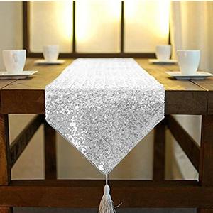ShinyBeauty Wedding Decor Sequin Elegant Tassel Table Runner Silver-12x72-Inch-Plates Party Supplies Sequeen Table Runnes~1005E
