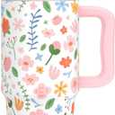 24 oz Tumbler with Handle, Leak-Proof Screw-On Lid with Removable Silicone Straw, Spill Proof, Reusable Stainless Steel Insulated Water Bottle, Gift for Children and Adults, Flowers