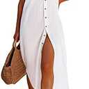 Dokotoo Womens Casual Short Sleeve Side Split Button Down Long Kimonos Cardigans Swimsuit Cover Ups Summer Beach Dress.S