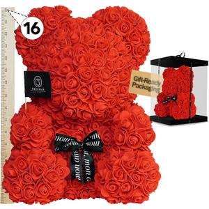 Large 16 Inch Rose Bear Flower Bear Gift Set with Luxury Gift Box, Handmade Artificial Rose Teddy Bear, Valentine Gift for Her, Anniversary, Birthday