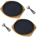 ZALIR 2 Set Sizzling Steak Plates, Iron Steak Plate with Wooden Tray and Heatproof Clip, Round Fajita Plate for Grilling and Teppanyaki, Easy to Clean