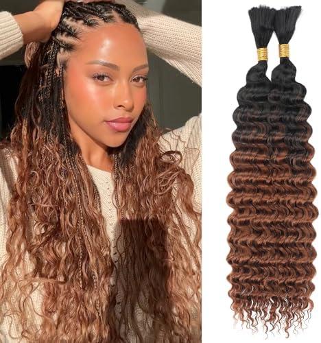 Leeven Braiding Hair for Boho Braids 18 Inch 2 Bundles Black to Brown Deep Water Wave Bulk No Weft Long Wet and Wavy Braiding Hair Curly Synthetic Hair Extensions for Women #1B/30