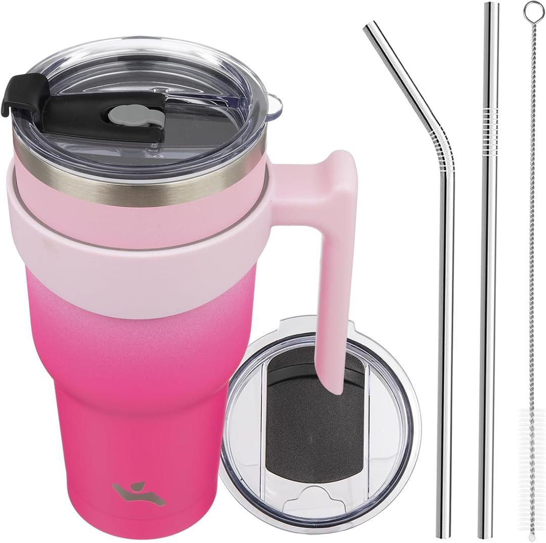 40 oz Tumbler with Handle and 2 Straw 2 Lid, Insulated Water Bottle Stainless Steel Vacuum Cup Reusable Travel Mug, Cherry (Sakura)