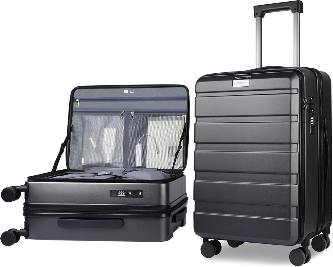 KROSER Carry On Luggage with Spinner Wheels & Built-in TSA Lock, Expandable Top Opening Hard Shell Suitcase Large Capacity Durable Rolling Luggage with USB Port, Carry-On 20-Inch, Steel Grey