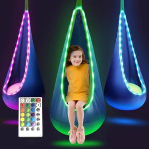 Light Up Kids Pod Swing Seat, Sensory Swing with 16 Colors Change and 4 Modes, Hanging Hammock Chair for Indoor and Outdoor (Pink)
