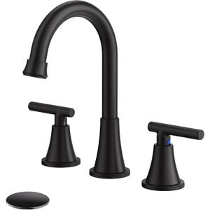 Bathroom Faucets for Sink 3 Hole, Hurran Matte Black Bathroom Sink Faucet with Pop-up Drain and Supply Lines, Stainless Steel Lead-Free Widespread Faucet for Vanity RV Farmhouse Sink (8 Inch)