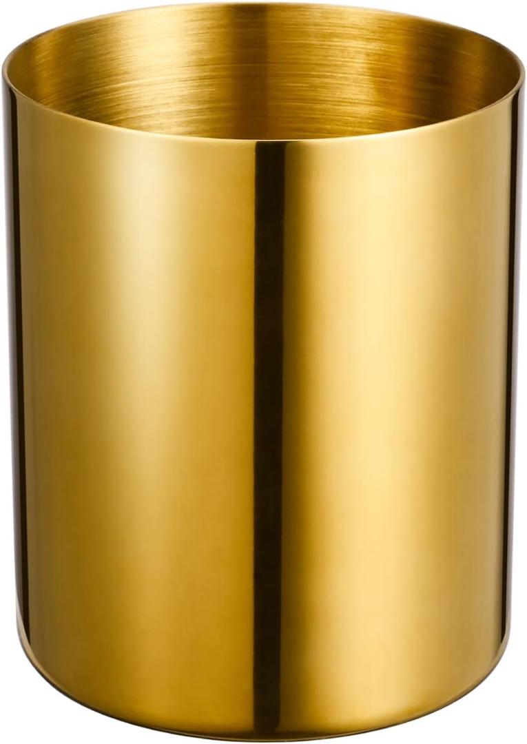Golden 304 Stainless Steel Mirror-Polished Round Pen Holder  Nordic Style Pencil Cup & Makeup Brush Organizer for Office, Home, Kitchen, Bathroom, and Vanity