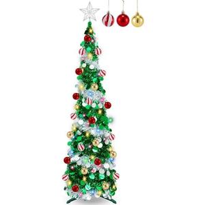 5 Ft Pop Up Tinsel Christmas Tree with 60 Warm White & Multi Color Change Lights, Glitter Prelit Pencil Christmas Tree with Timer 18 Ball Ornaments for Xmas Tree Home Indoor Decoration (Green Sliver)