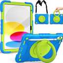 Case for iPad (A16) 11th Generation 11 inch 2025/10th Generation 10.9 inch 2022, Heavy Duty Shockproof Cover with 360 Rotating Handle/Bracket/Pen Holder/Shoulder Strap, Blue+Green