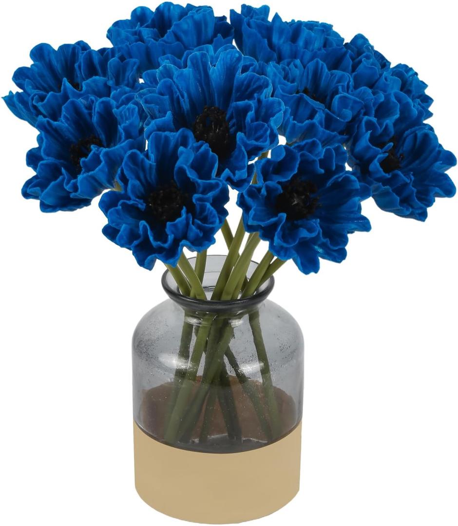 IPOPU Royal Blue Flowers Artificial Poppies 10PCS Real Touch Faux Poppy Flowers 13" Blue Fake Poppies for Vase Floral Centerpieces, Tables, Wedding Decorations, Reception