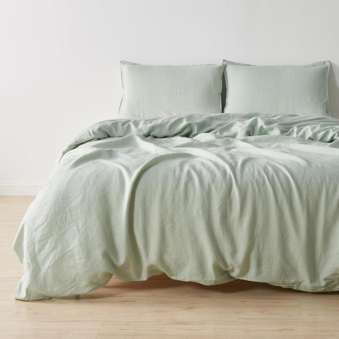 100% Pure European Flax Linen Duvet Set - 3 Pc King Size Duvet Cover with Shams - Breathable for Hot Sleepers, Durable Bedding Set - Corner Ties & Zipper Closure (King/California King, Eucalyptus)