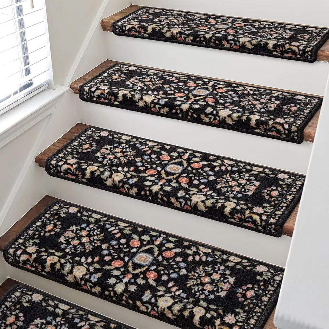 RORA Bullnose Carpet Stair Treads Non-Slip Stair Treads for Wooden Steps,Washable Stair Carpet,Floral Stair Rugs,Runner Indoor Stair Mats for Pets Elder,14pcs,29.5 ''x9.5 x1.5 '',Black