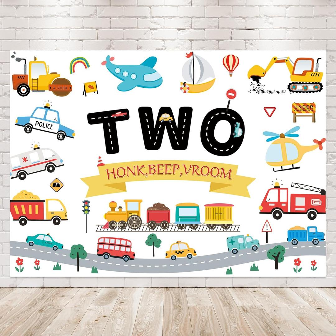 Transportation Theme 2nd Birthday Backdrop 7Wx5H Photography for Kids Boys Car Train Plane Sailboat Background Cartoon Cute Vehicle Traffic Party Decorations Banner Photo Booth Props Supplies