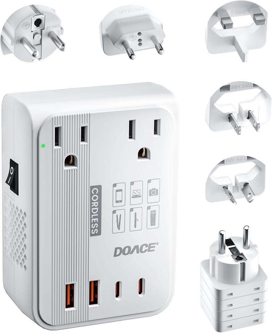 DOACE Voltage Converter US to Europe 350W Convert 220V to 110V for Curling Iron Straightener Shaver, Cordless Converter for European Travel with 2 USB A & 2 USB C Ports Charging (White)