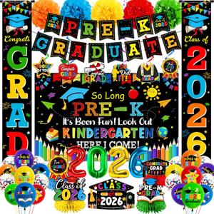 Kindergarten Graduation Decorations 2026, Preschool Graduation Party Supplies Kit Include Pre-K Graduation Banner Hanging Swirl Backdrop Balloons for Kindergarten Graduations Party Decorations 2026