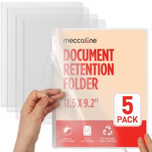 Clear Plastic File Folders for Document, Presentation, Project, or Portfolio Filing, Large Thick Heavy-Duty PET Sleeves for U.S. Letter Size Papers, 5-Pack