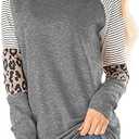 Leopard Print Tops for Women Long Sleeve Crew Neck Patchwork T Shirt Blouse (S)
