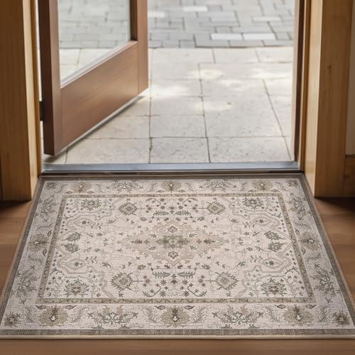 LUMI Washable Ultra-Thin Entryway Mats, Oriental Small Indoor Door Mat, Non-Slip Inside Welcome Doormats, Retro Distressed Carpet for Front Door,Bedroom, 24"x36", Beige