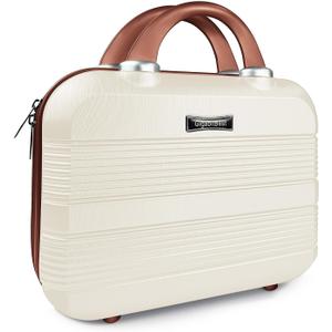14" Portable Hard Shell Makeup Travel Case - Stylish PC+ABS Cosmetic Organizer for Women - Scratch-Resistant, Elastic Strap, Mini Suitcase - Perfect for Romantic GiftsLight Brown