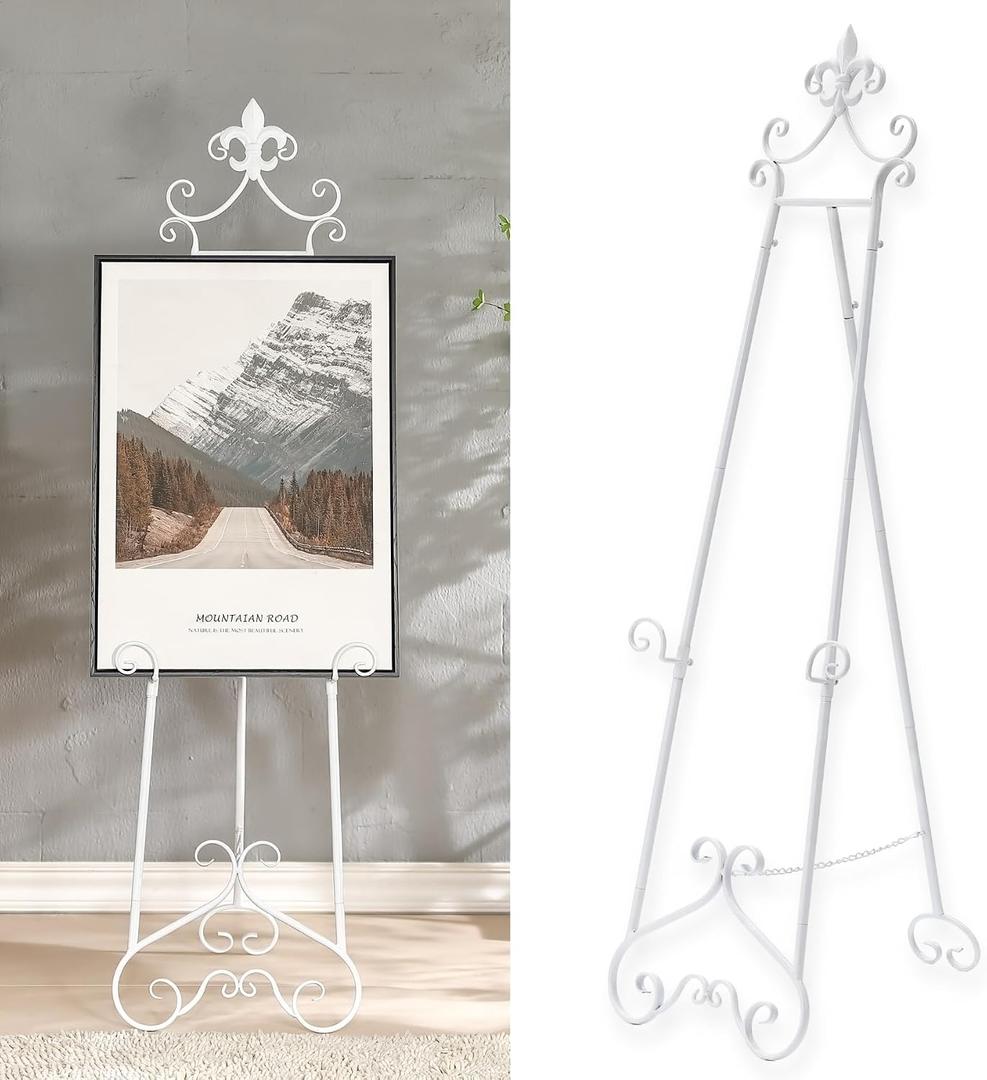 60 H White Easel Stand for Sign, Large Adjustable Metal Display Standing for Displaying Pictures Wedding Poster Holder Showcasing with Chain Support