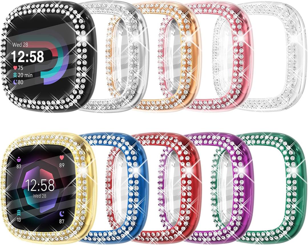 CHANCHY 4 Pack Compatible with Fitbit Versa 4 Screen Protector Case, Soft TPU Full Protective Case Cover Bumper Bling Crystal Diamond Frame for Fitbit Versa 4 Smart Watch, 10 Packs (Clear/Rose Gold/Pink/Silver/Black/Gold/Purple/Blue/Green/Red)