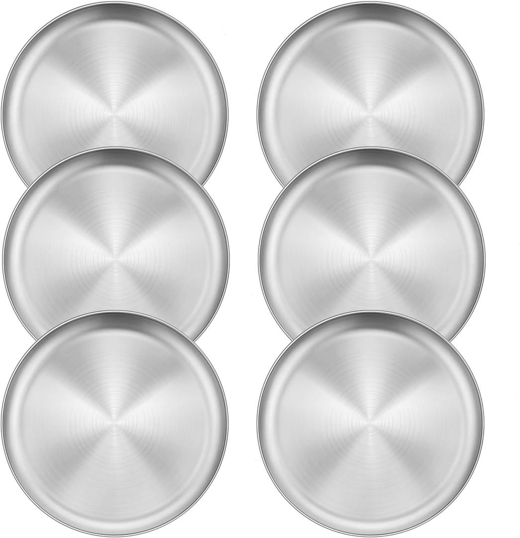 Homikit 6 Pack Stainless Steel Plates, 8 Inch Metal Kids Toddler Dinner Plate Set Non Toxic, 304 Round Camping Plates for Serving Dishes Dessert Salad, Unbreakable & Reusable, Dishwasher Safe